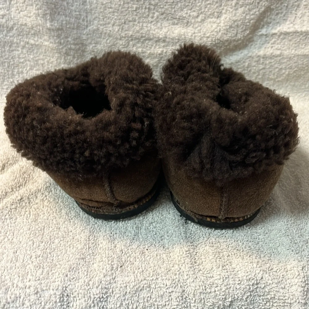 Kids handcrafted chocolate brown sheepskin slippers that fits sizes 2-3